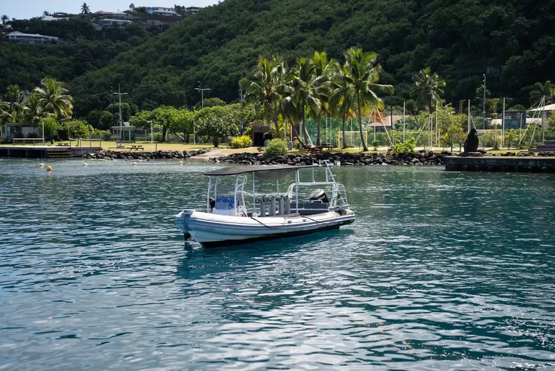 Bateau de plongée amarré dans une baie tropicale ensoleillée