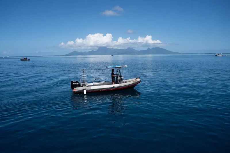 Une personne conduit un bateau semi-rigide sur une mer bleue calme