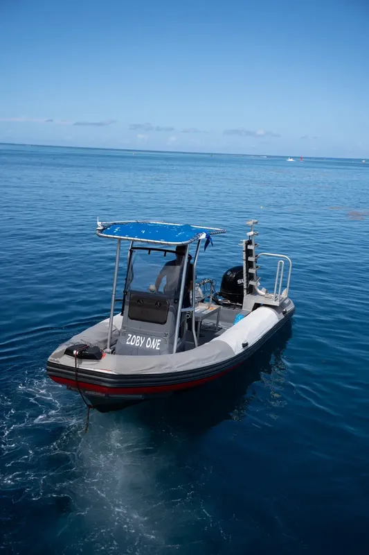 Bateau semi-rigide bleu et gris navigue sur une mer calme