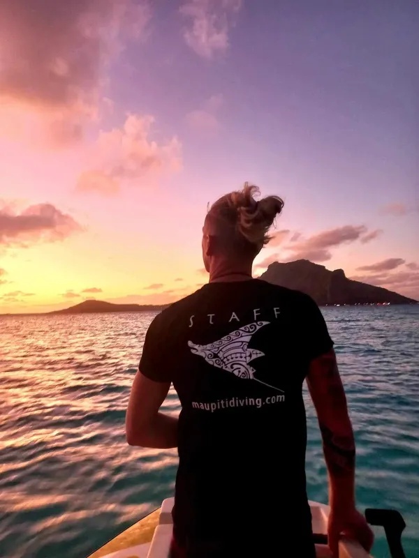 Dos d'une personne sur un bateau au coucher du soleil en mer