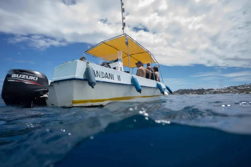 Bateau de plongée avec passagers, vue partielle sous la surface de l'eau