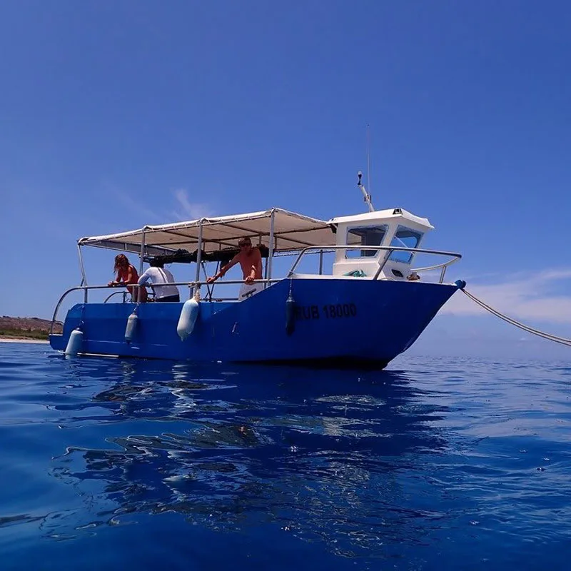 Bateau de plongée bleu avec passagers, mer calme et ciel clair