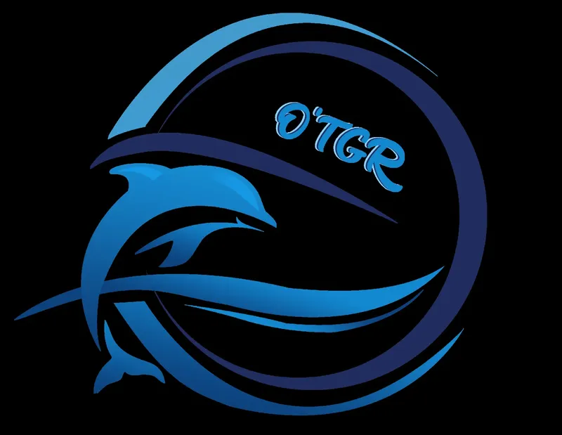 Logo avec un dauphin stylisé et des formes bleues dynamiques