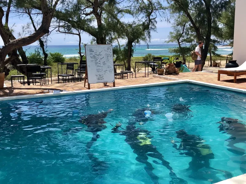 Plongeurs en formation dans une piscine avec un instructeur et du matériel