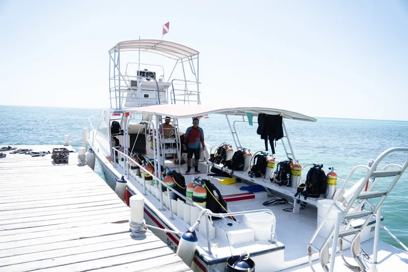 Bateau de plongée amarré à un ponton avec équipement et plongeurs