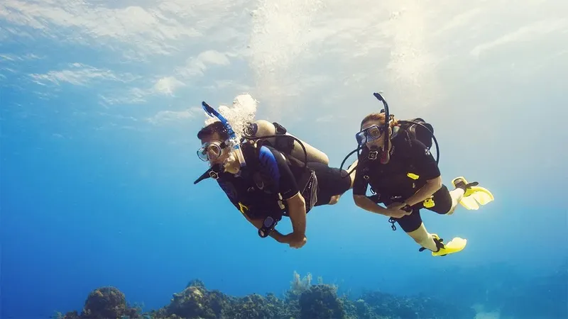 Deux plongeurs explorent un récifal corallien en eau bleue claire