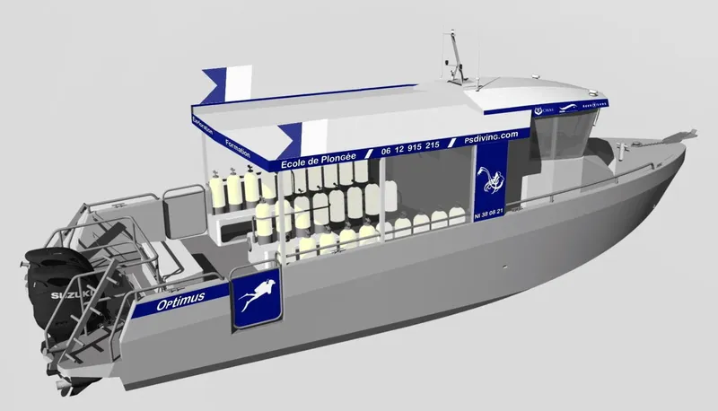Illustration 3D d'un bateau de plongée blanc avec des bouteilles