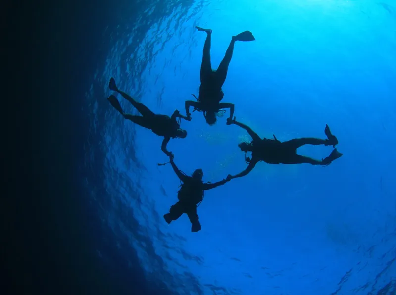Quatre plongeurs forment un cercle avec leurs bras sous l'eau