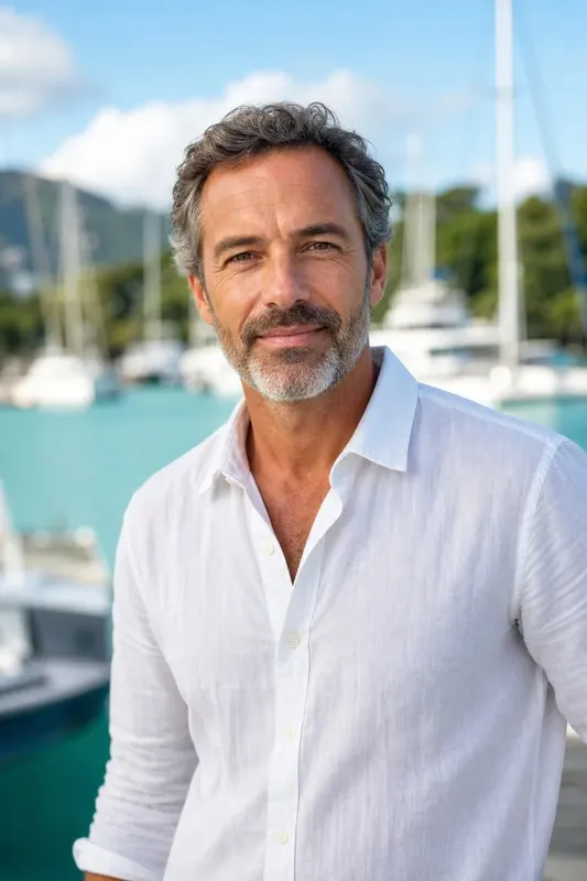 Homme souriant, chemise blanche, port de plaisance en arrière-plan