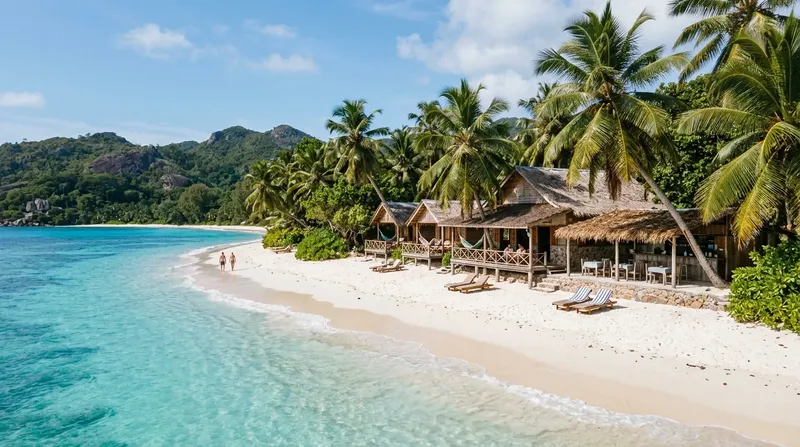 Plage de sable blanc avec bungalows et végétation tropicale luxuriante
