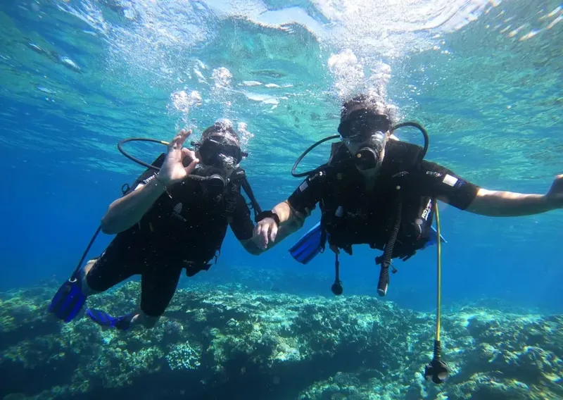 Deux plongeurs souriants nagent ensemble dans une eau bleue claire