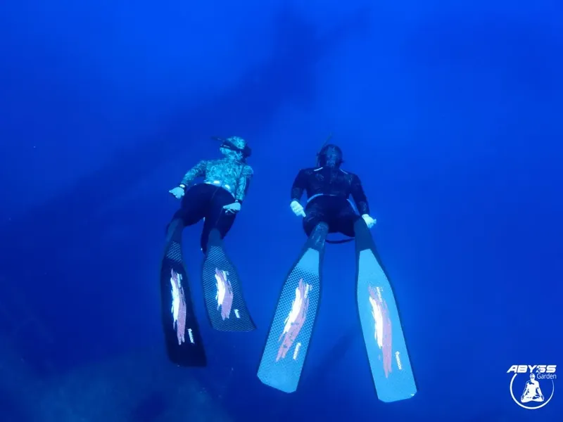 Deux plongeurs en apnée évoluent dans une eau bleue et profonde
