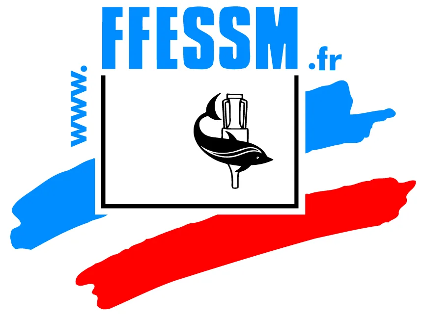 Logo FFESSM avec un plongeur et une bouteille, fond bleu et rouge