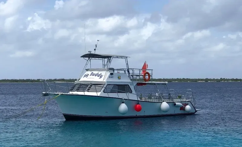 Bateau de plongée bleu et blanc naviguant sur une mer turquoise calme