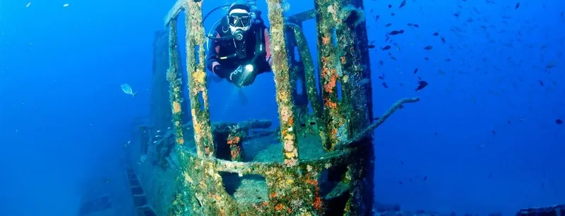 Plongeur explorant l'épave d'un navire, lumière bleue, faune marine