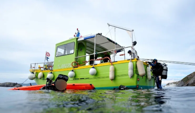 Bateau de plongée vert et jaune avec des plongeurs à bord