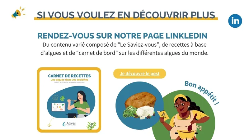 Illustration promotionnelle avec une femme et des algues, appel à suivre la page LinkedIn