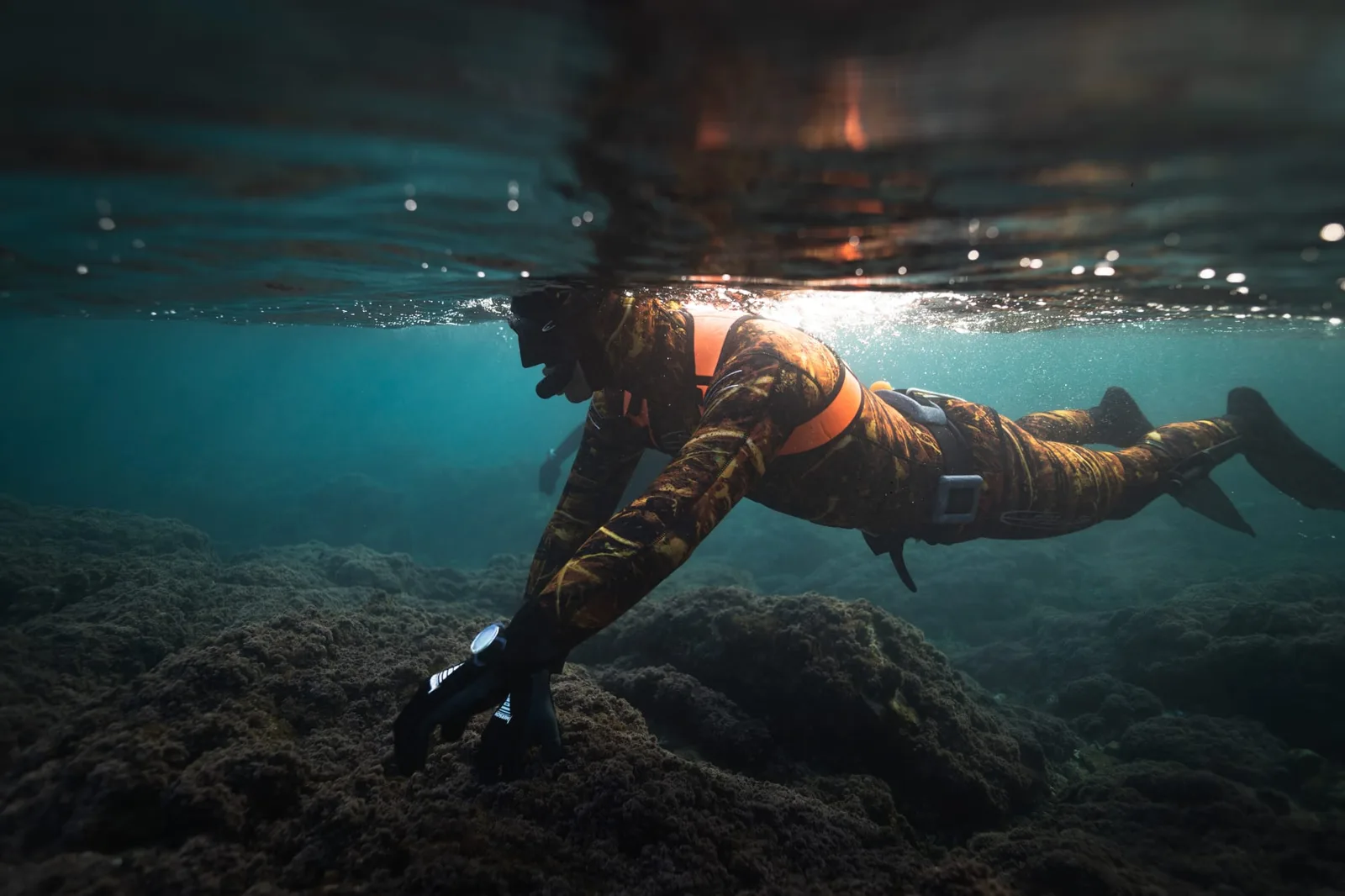 Apnea, nageur en combinaison explore un fond rocheux sous la surface