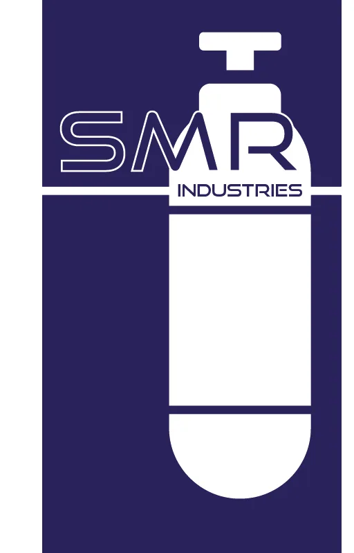 Bouteille de plongée bleue et logo SMR Industries sur fond sombre