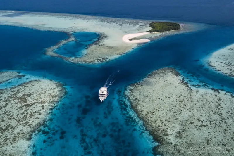 Bateau de plongée navigue entre récifs coralliens et bancs de sable turquoise