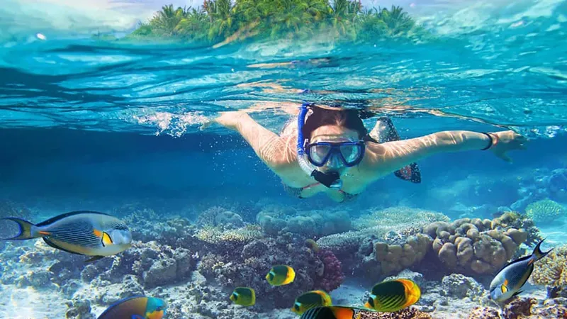 Femme nageant avec masque et tuba au milieu de poissons tropicaux
