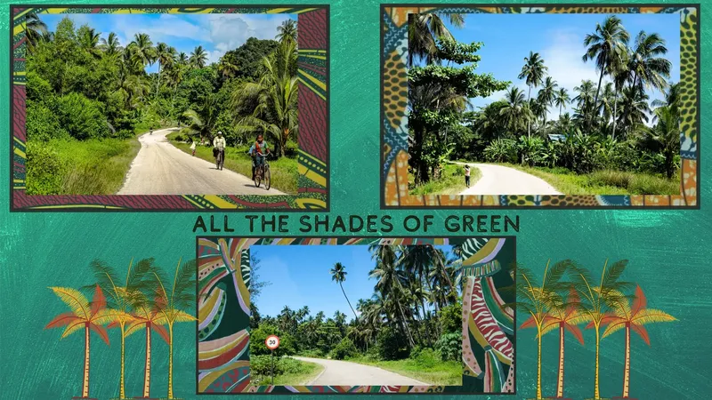 Montage de trois photos avec des cyclistes sur une route tropicale