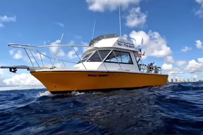 Bateau de plongée jaune et blanc navigue sur une mer bleue agitée