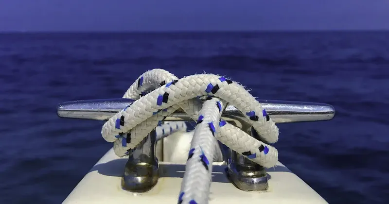Cordes bleues et blanches amarrées à un davier sur bateau