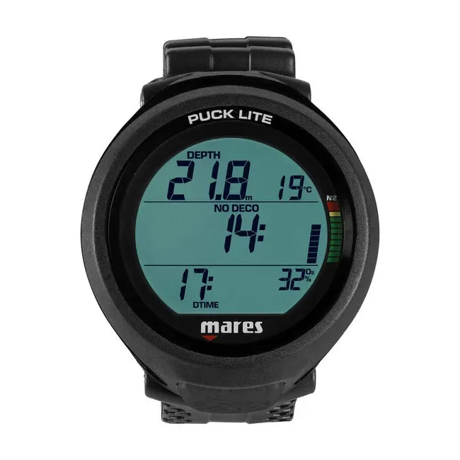 Ordinateur de plongée Mares Puck Lite affichant profondeur, temps et température