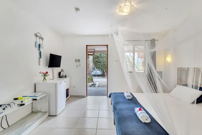 Chambre lumineuse avec moustiquaire, télévision, réfrigérateur et décoration florale