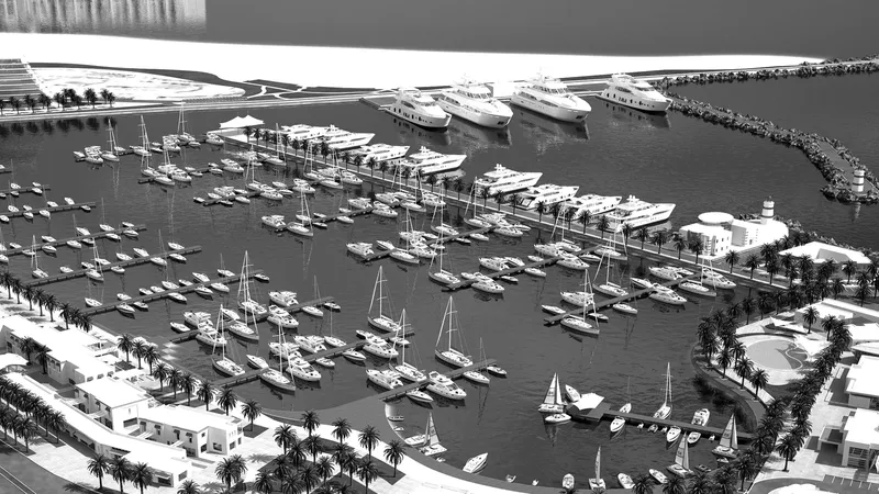 Port de plaisance avec de nombreux bateaux amarrés en noir et blanc