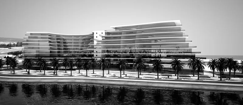 Architecture moderne en bord de mer avec palmiers et eau calme