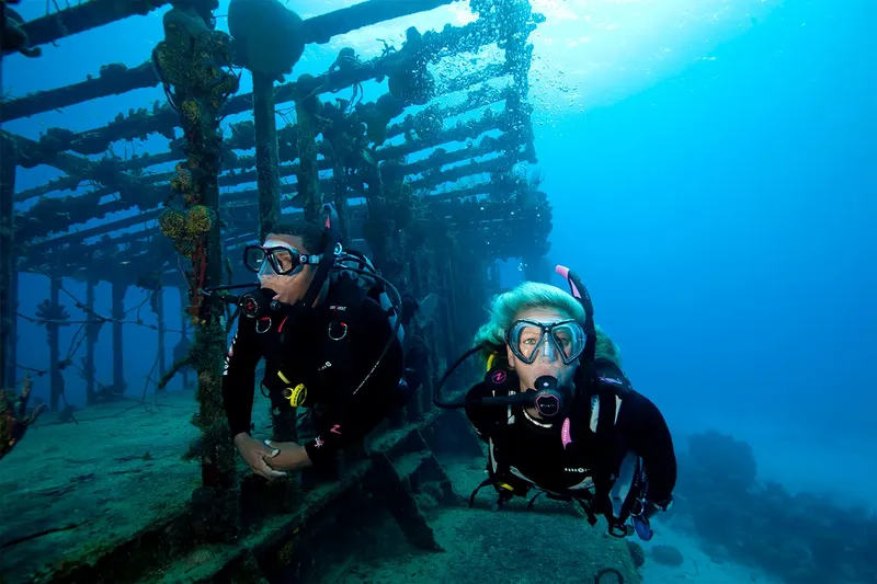 Deux plongeurs explorent une épave métallique sous l'eau bleue