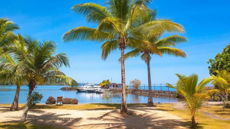 Plage tropicale avec bateaux amarrés et végétation luxuriante au premier plan