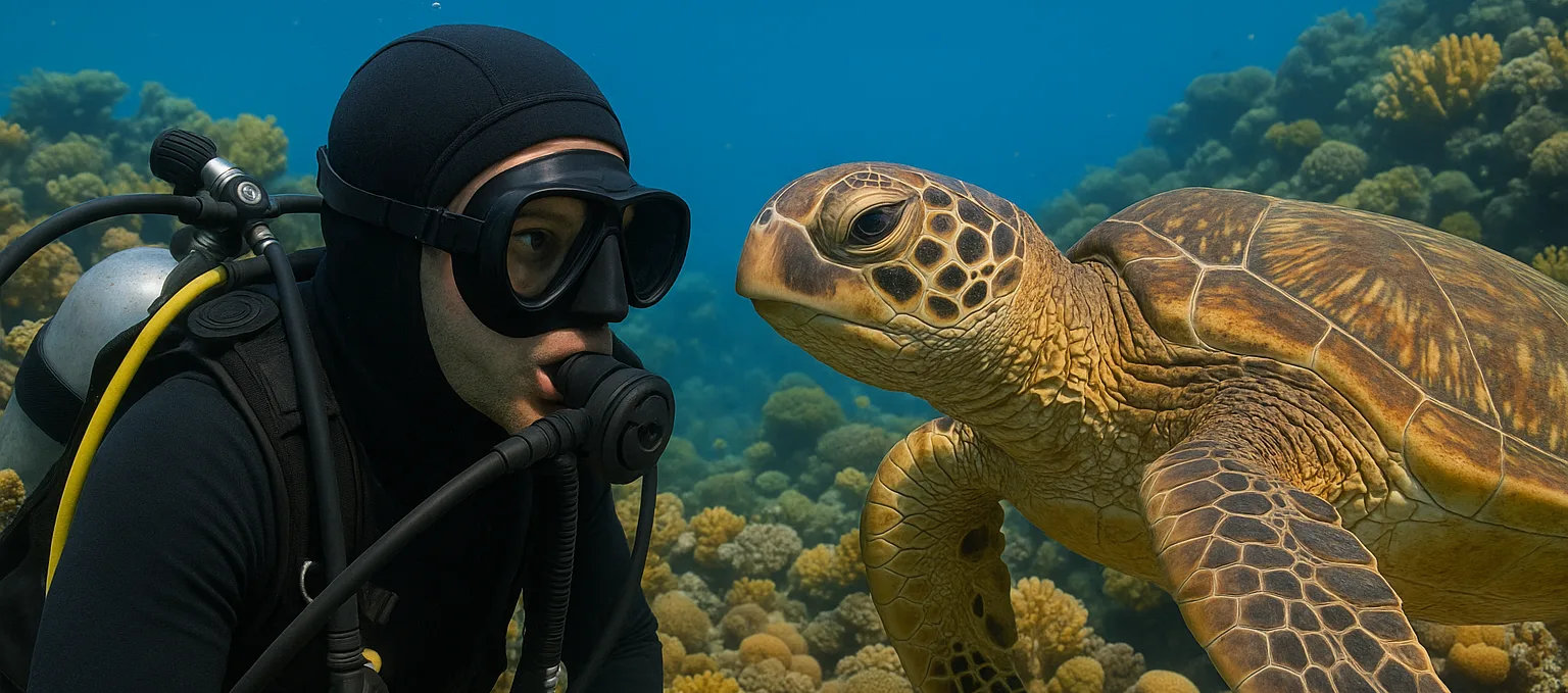 Plongeur face à face avec une tortue marine dans un récif corallien