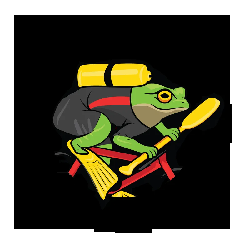 Grenouille anthropomorphe avec palmes, bouteilles et rame sur fond blanc