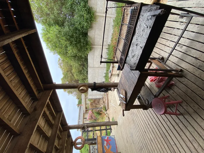 Terrasse en bois avec mobilier extérieur et végétation luxuriante en arrière-plan