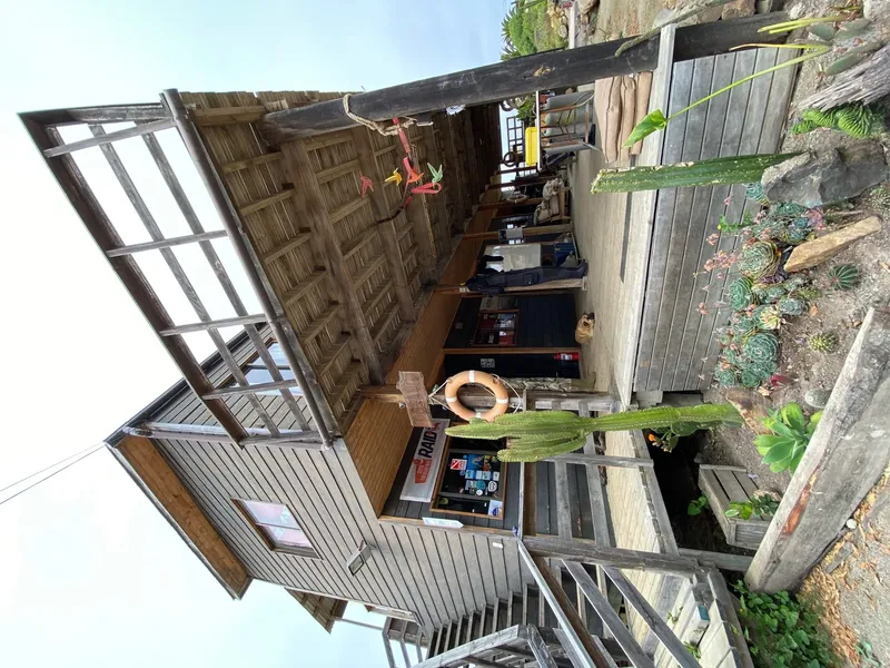 Façade d'un centre de plongée avec du matériel et des plantes