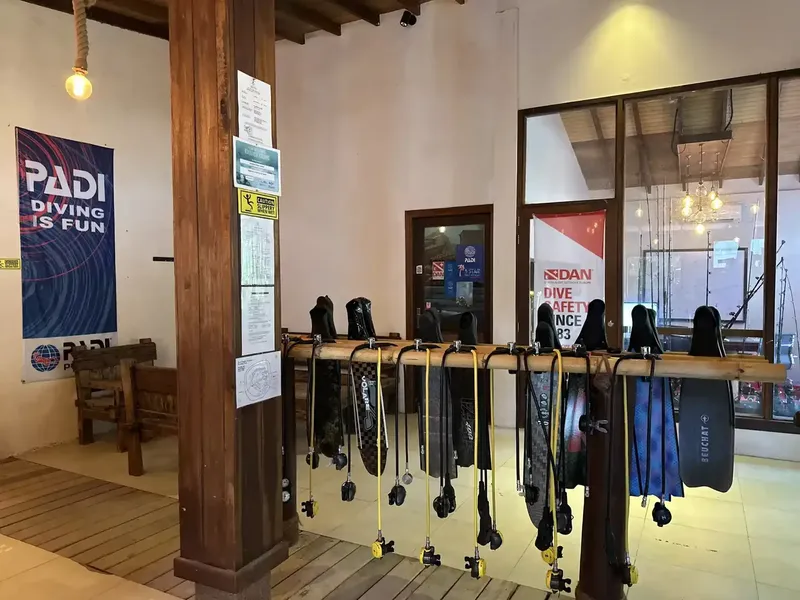 Intérieur centre de plongée avec palmes, ailerons et affiches PADI et DAN