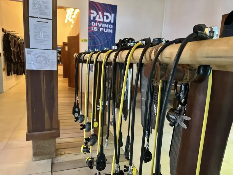 Rangée de détendeurs jaunes et gilets de sauvetage dans un centre