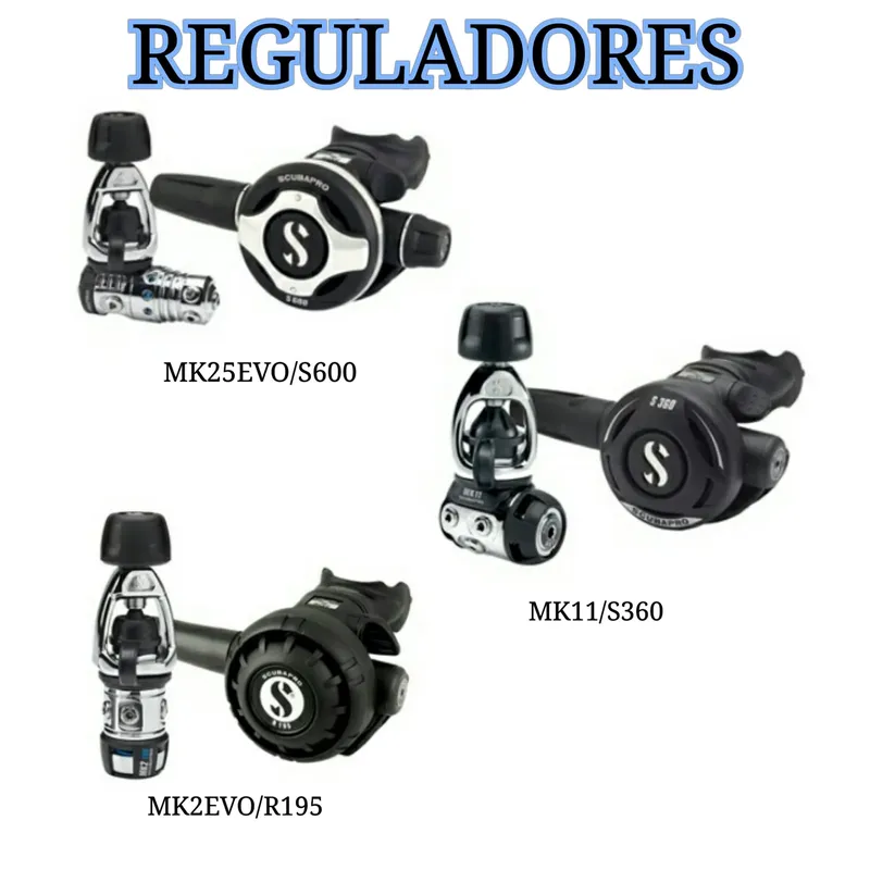 Trois détendeurs de plongée Scubapro, modèles MK25Evo, MK11 et MK2Evo