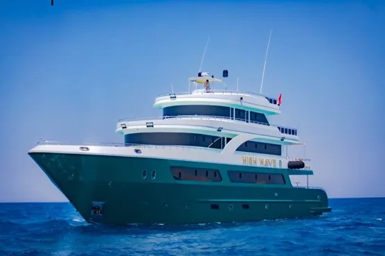 Grand bateau de plongée vert et blanc naviguant sur une mer bleue