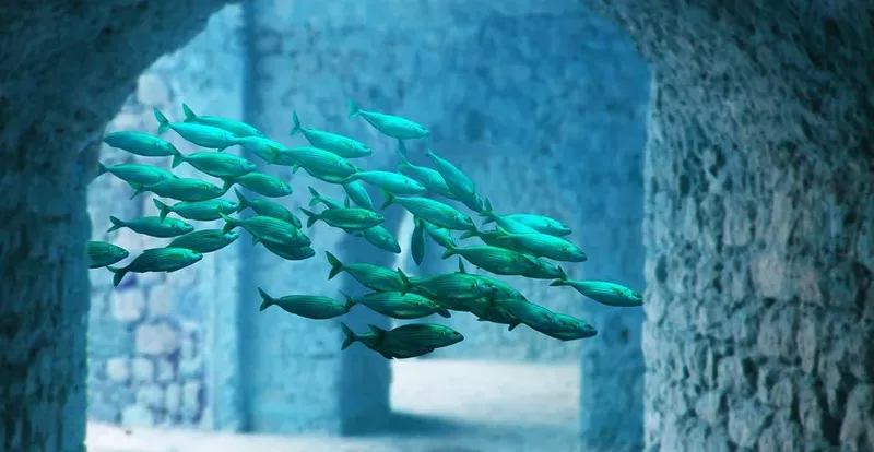 Banc de poissons nageant à travers une arche sous-marine en pierre