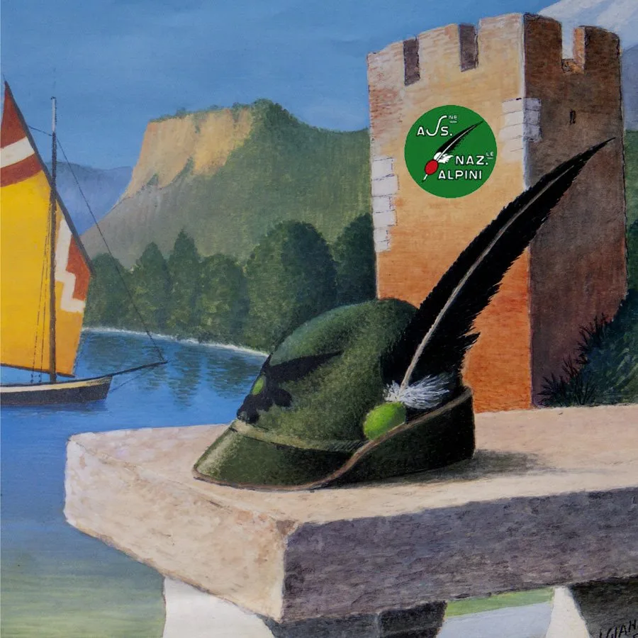 Peinture d'un bateau à voile, d'un chapeau et d'un bâtiment fortifié
