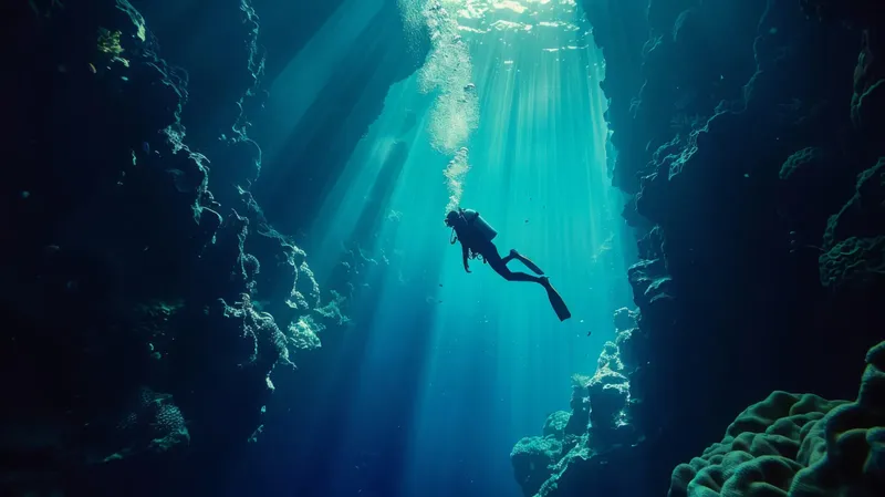 Plongeur explorant une grotte sous-marine avec des rayons de lumière