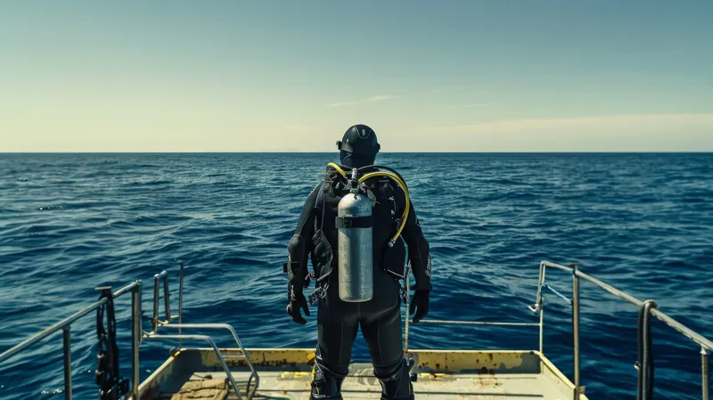 Plongeur en combinaison regarde l'horizon depuis le bateau de plongée