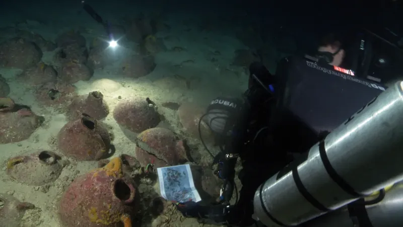 Plongeur explorant un site archéologique sous-marin avec des amphores