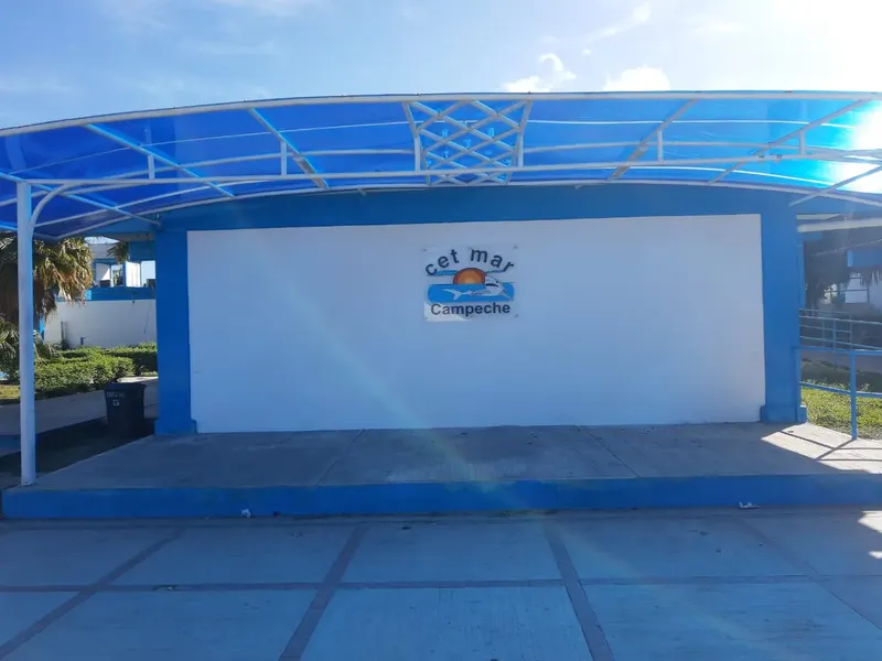 Structure bleue et blanche avec logo et nom du centre de plongée