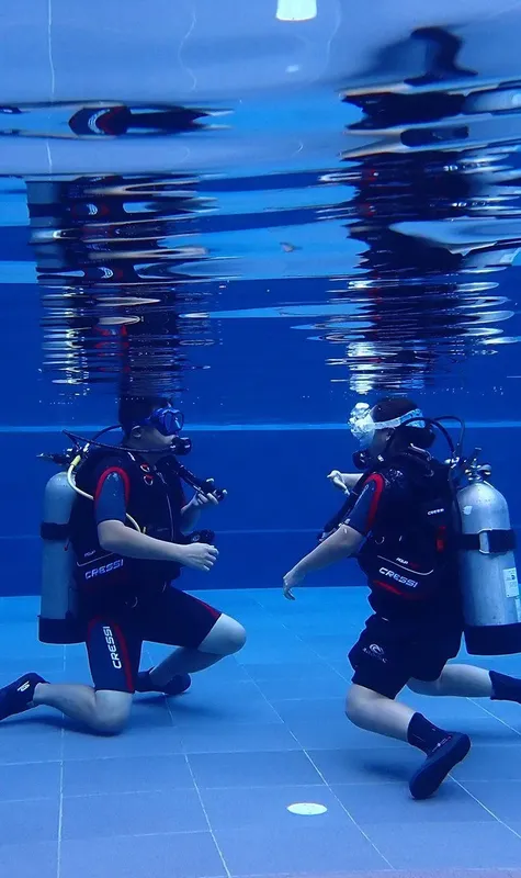 Deux plongeurs en formation s'entraînent dans une piscine claire
