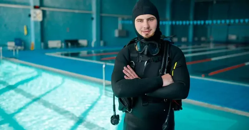Plongeur en combinaison complète, bras croisés, au bord d'une piscine